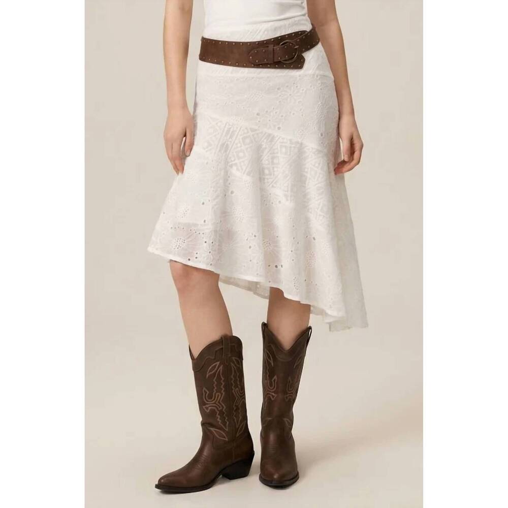 NEW TAELYNN asymmetric hem midi skirt in off white
